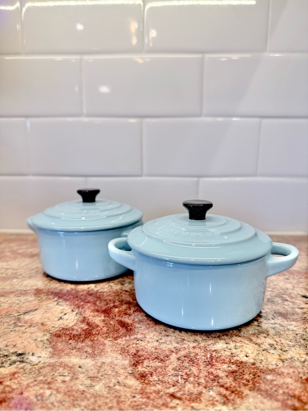 RARE Le Creuset Sky Blue Mini Round Cocotte Set of 2. NEW.